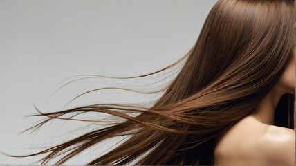 Back view of beautiful long shiny straight brown hair of a woman on plain white background, hair products ad concept from Generative AI