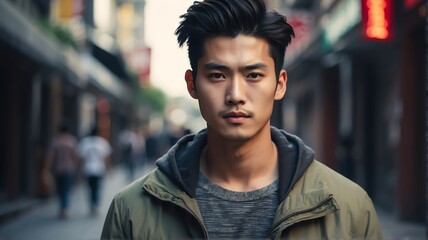 Handsome beautiful young chinese guy looking like an idol in casual street background from Generative AI - obrazy, fototapety, plakaty