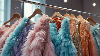 Beautiful evening dresses on a hanger modern