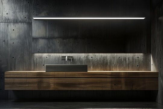 Dark wooden bathroom interior with a concrete floor, a sink and a shelf.
