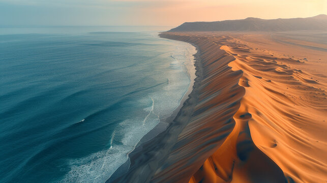 Sand dunes in a desert, right by the sea