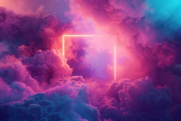 Abstract neon background with a glowing square frame amidst swirling clouds Creating a surreal and futuristic atmosphere for creative projects.