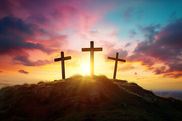 Three Crosses on Calvary Hill Dramatic Sunset at Golgotha