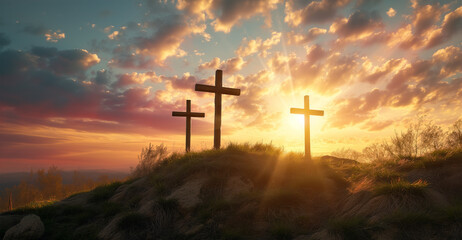 Three Crosses on Calvary Hill Dramatic Sunset at Golgotha - obrazy, fototapety, plakaty