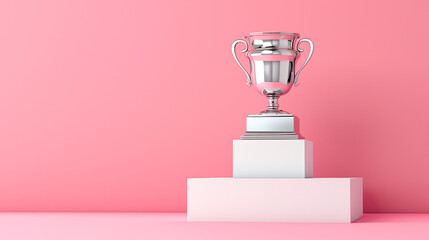 Silver champion cup, winners trophy on a victory podium on pink background with copy space. Business reward concept. Generative AI