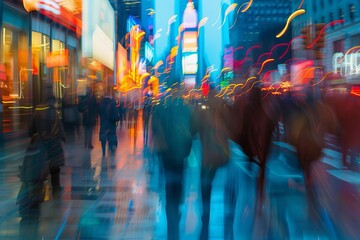 Abstract depiction of a bustling city street at rush hour Captured in a long exposure to create a blur of moving people and lights