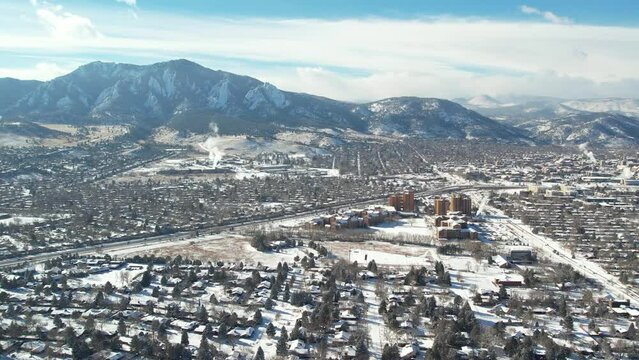 Aerial Shot of Boulder Colorado covered in Snow