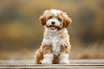 Adorable maltipoo puppy sitting with a big smile Showcasing its fluffy brown and white coat against a soft-focus background