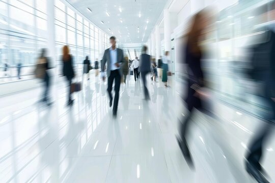 Abstract representation of a fast-paced business environment With blurred figures of professionals in motion Symbolizing the dynamic nature of the corporate world.