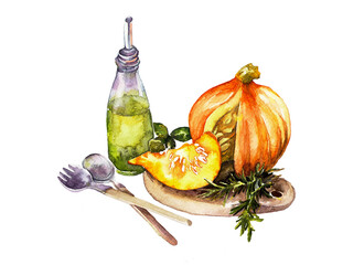 Still life of oil, orange pumpkin and cutlery. Watercolor painting. - 738987445