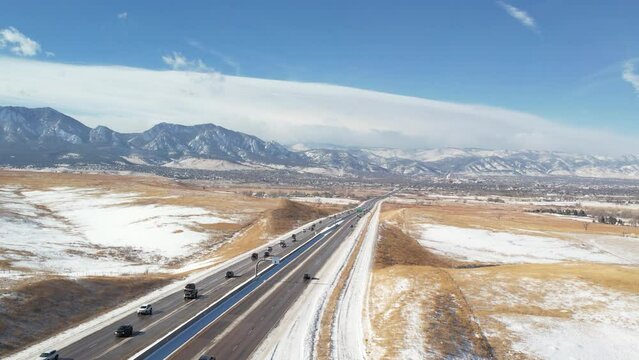 Using a drone, we zoom in on Boulder, Colorado, moving alongside Highway 36, giving a clear view of the city's beauty.