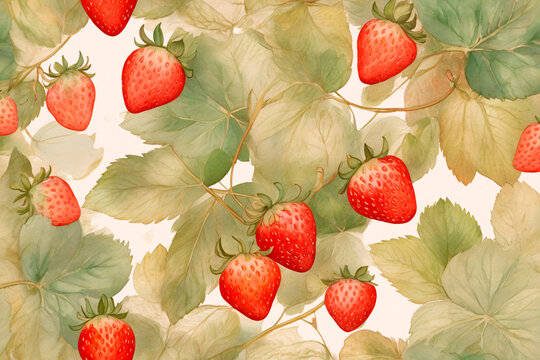 Watercolor pattern with strawberry berries, flowers and leaves.