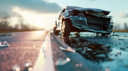 Amazing car destroyed by an accident in the middle of a daytime highway in high resolution and quality. concept accident on the road, abandoned car, destroyed - obrazy, fototapety, plakaty