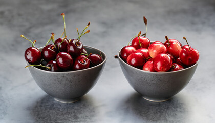 Fresh sweet and sour dark red cherries in two grey scandi bowls on grey background