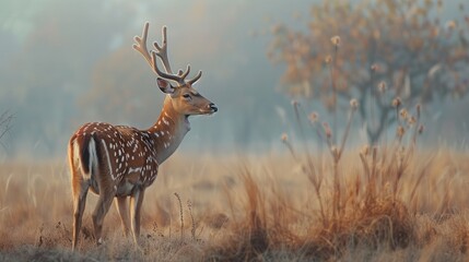Chital or cheetal, Axis axis, spotted deer or axis deer in nature habitat, bellow majestic powerful...