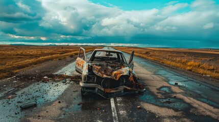 Amazing car destroyed by an accident in the middle of a daytime highway in high resolution and quality. concept accident on the road, abandoned car, destroyed, crushed, burned on the road - obrazy, fototapety, plakaty
