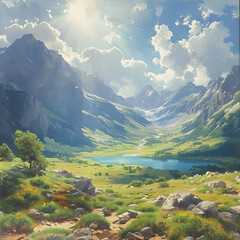 river and mountain views. Mountain river flows along the beautiful landscape