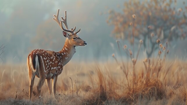 Chital or cheetal, Axis axis, spotted deer or axis deer in nature habitat, bellow majestic powerful adult animals.