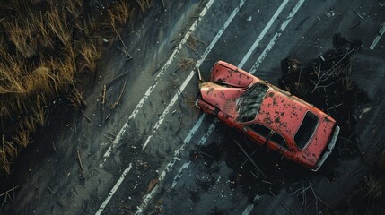 destroyed car in the middle of an abandoned road