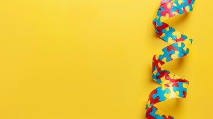 World Autism Awareness Day, colorful puzzle ribbon on yellow background, top view