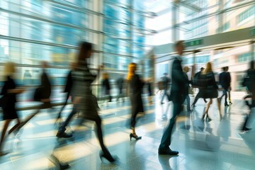 Blurred image of business professionals in motion Set against the backdrop of a modern office Symbolizing the pace and dynamism of corporate life.