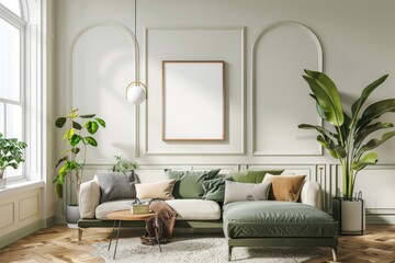 Modern Living Room With Couch, Chair, and Potted Plant mock-up poster frame. Generative AI