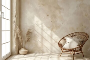 Boho room interior mockup featuring an empty beige wall A wicker armchair And natural light Ideal for showcasing art or interior design concepts.