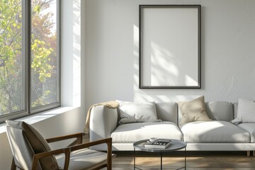 Fototapeta premium Modern Living Room With Couch, Chair, Table, and Picture Frame. Generative AI