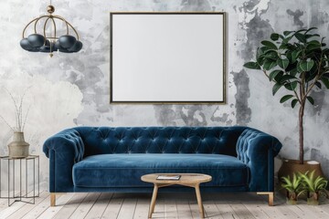 Stylish Living Room With Blue Couch and Coffee Table. Generative AI