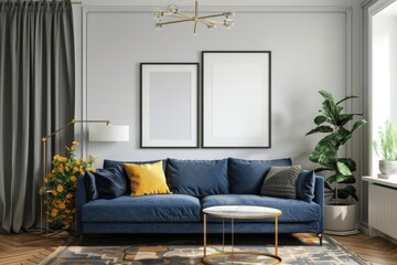 Modern Living Room With Blue Couch and Wall Art mock-up poster frame. Generative AI