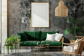 Green Velvet Couch and Chairs in Living Room mock-up poster frame. Generative AI