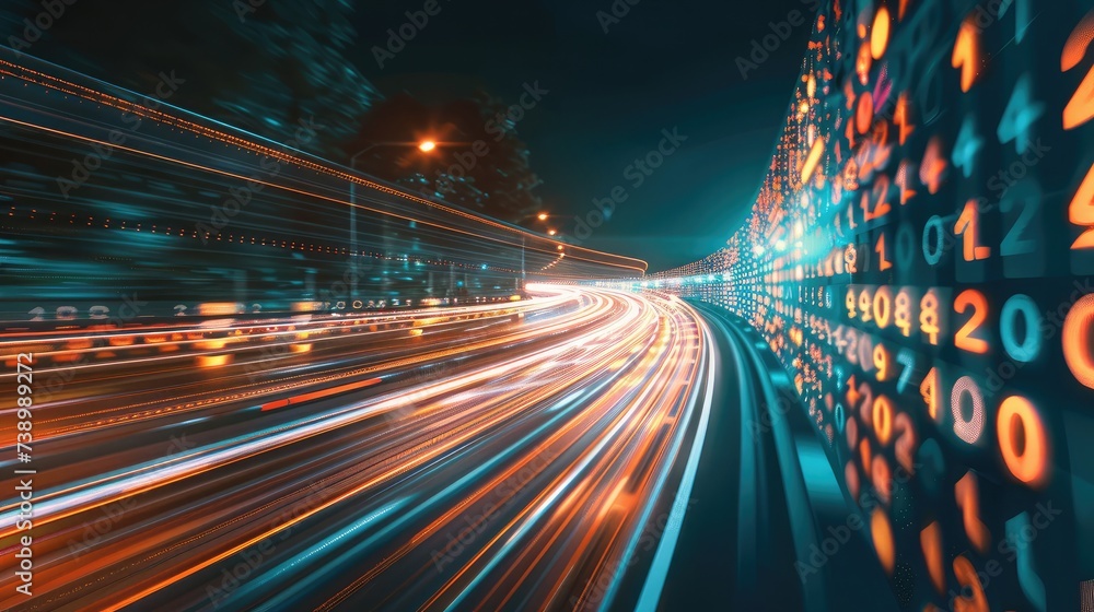 Poster digital data flow on road with motion blur to create vision of fast speed transfer . concept of futu
