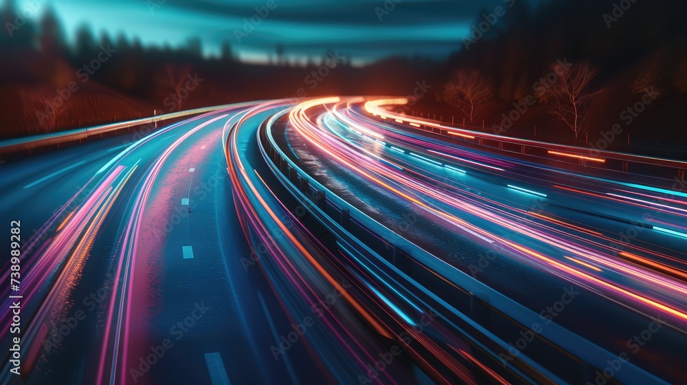 Poster digital data flow on road with motion blur to create vision of fast speed transfer . concept of futu