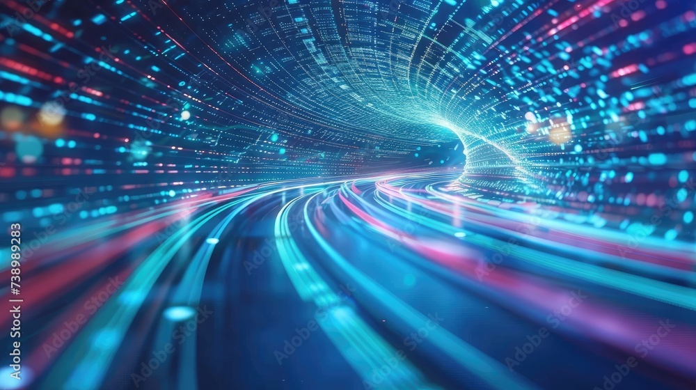 Poster digital data flow on road with motion blur to create vision of fast speed transfer . concept of futu