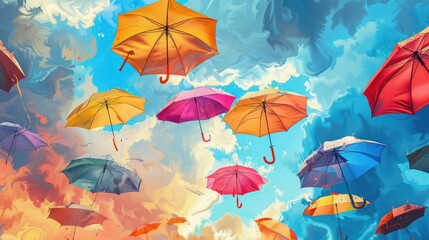 Fototapeta na wymiar Color umbrella in sky . Mixed media