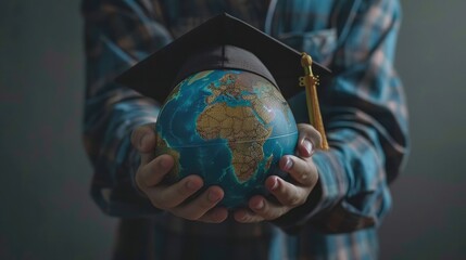 Education in Global world, Graduation cap on Businessman holding Earth globe model map with Radar background in hands. Concept of global business study, abroad educational, Back to School.