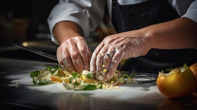 A chef is preparing cooking food in a modern kitchen hands close up view.