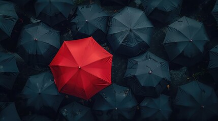 Standing out from the crowd, high angle view of red umbrella over many dark ones - Powered by Adobe