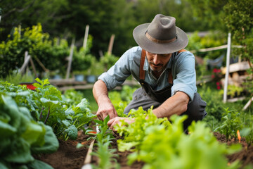 Man in Hat Tending to Garden