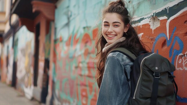 Smiling teenager with a schoolbag standing on wall background