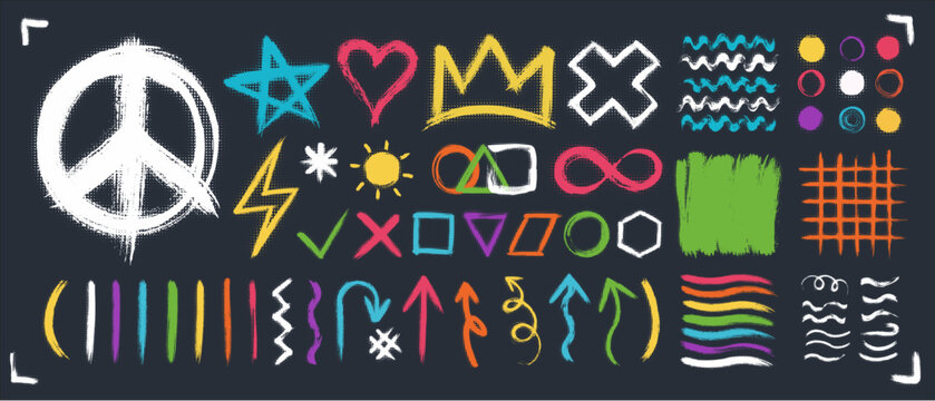 Grunge design elements set. Rainbow color brush strokes, halftone effect. Love, crown, peace symbol collection. Arrow, infinity, wave geometric shape. graphic design element. Stop war concept