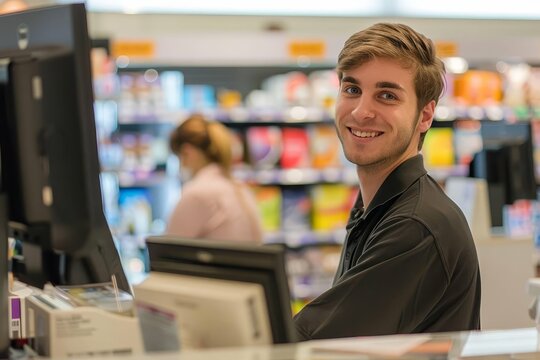 Cheerful retail worker assisting customers with a genuine smile in a modern store Embodying excellent customer service.
