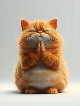 Adorable Fluffy Cat praying with a Playful Expression and Chubby Cheeks in Close-up Portrait