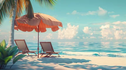 Fotobehang Two lounge chairs with sun umbrella on a beach © buraratn