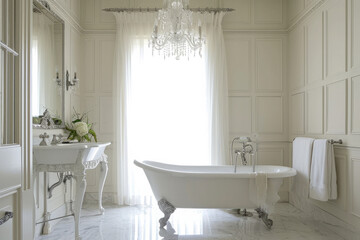 Elegant Bathroom With Clawfoot Tub and Chandelier