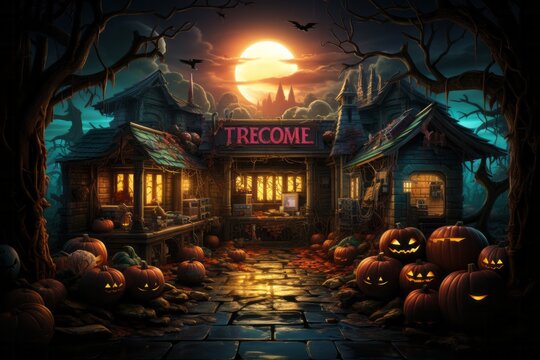 a halloween scene with pumpkins and a sign that says trecome