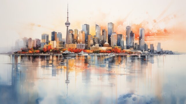 Water color painting illustration of a city view with skyscrapers from across the lake reflected by the lake water.