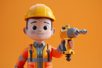 Fototapeta premium 3D style cute cartoon character of a construction worker holding a large drill