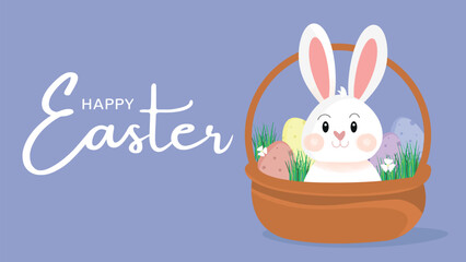 Happy Easter greeting card with cute white bunny and eggs insde a basket illustration