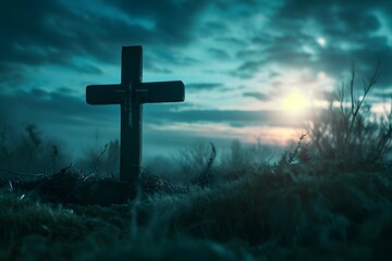 A rustic cross is bathed in the soft glow of a setting or rising sun against a dramatic sky